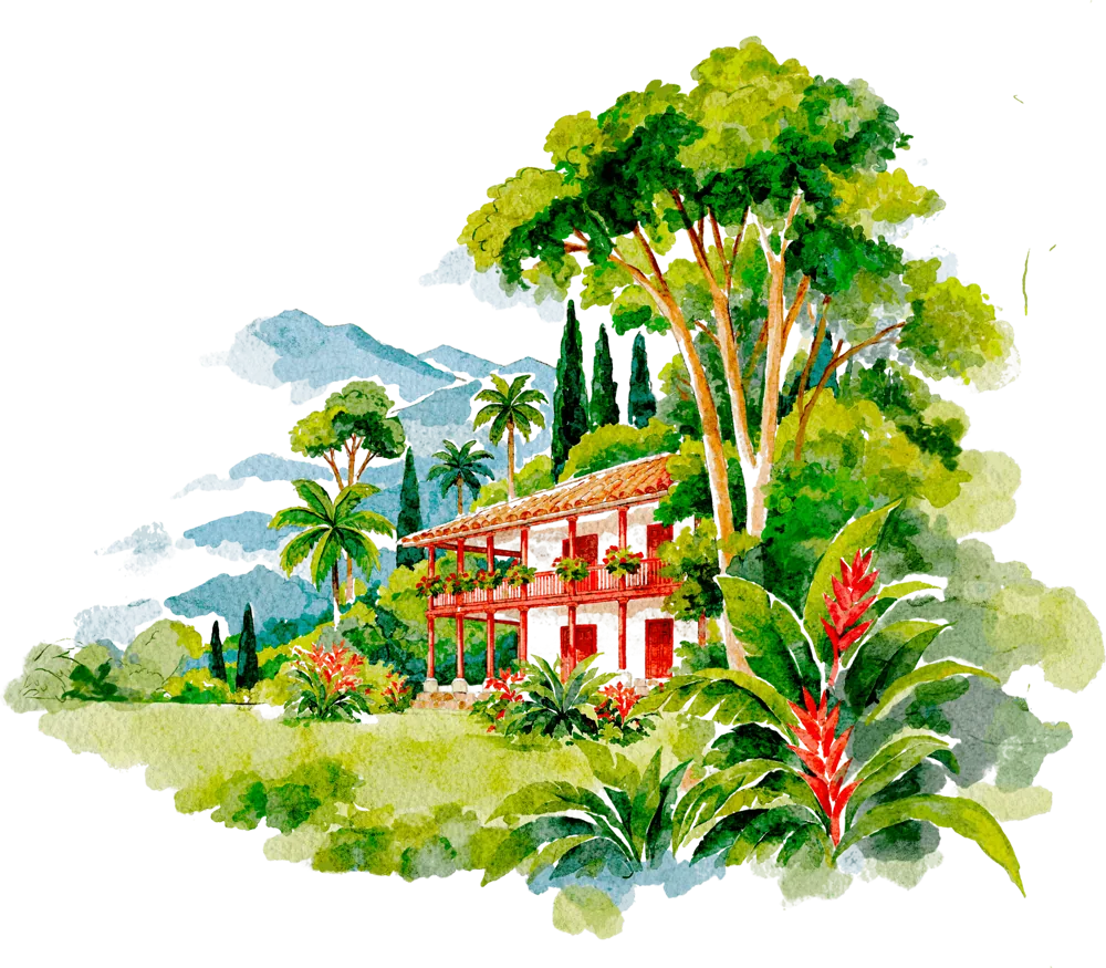 Ilustración en acuarela de la Hacienda El Cabrero entre árboles y montañas